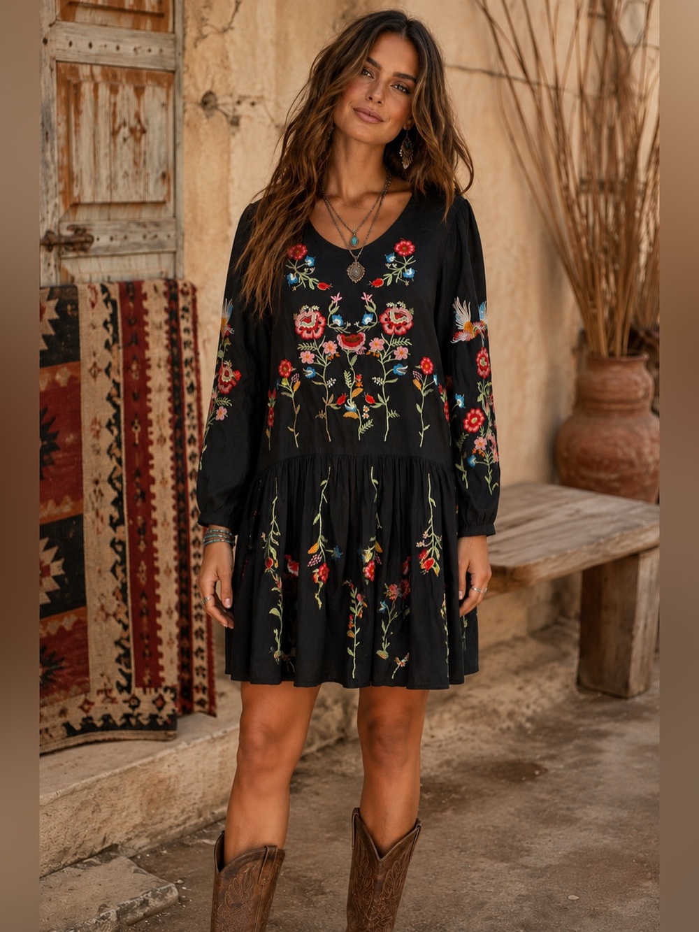 Chicwish Sz M Black Embroidered Floral Bird Boho Tiered Long Sleeve Swing Dress